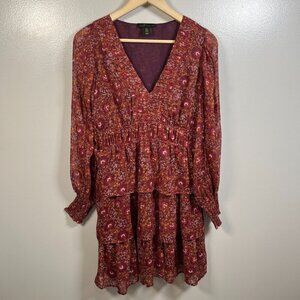 House of Harlow Tiered Floral Mini Dress Size 6 Purple Orange Long Sleeve V-neck